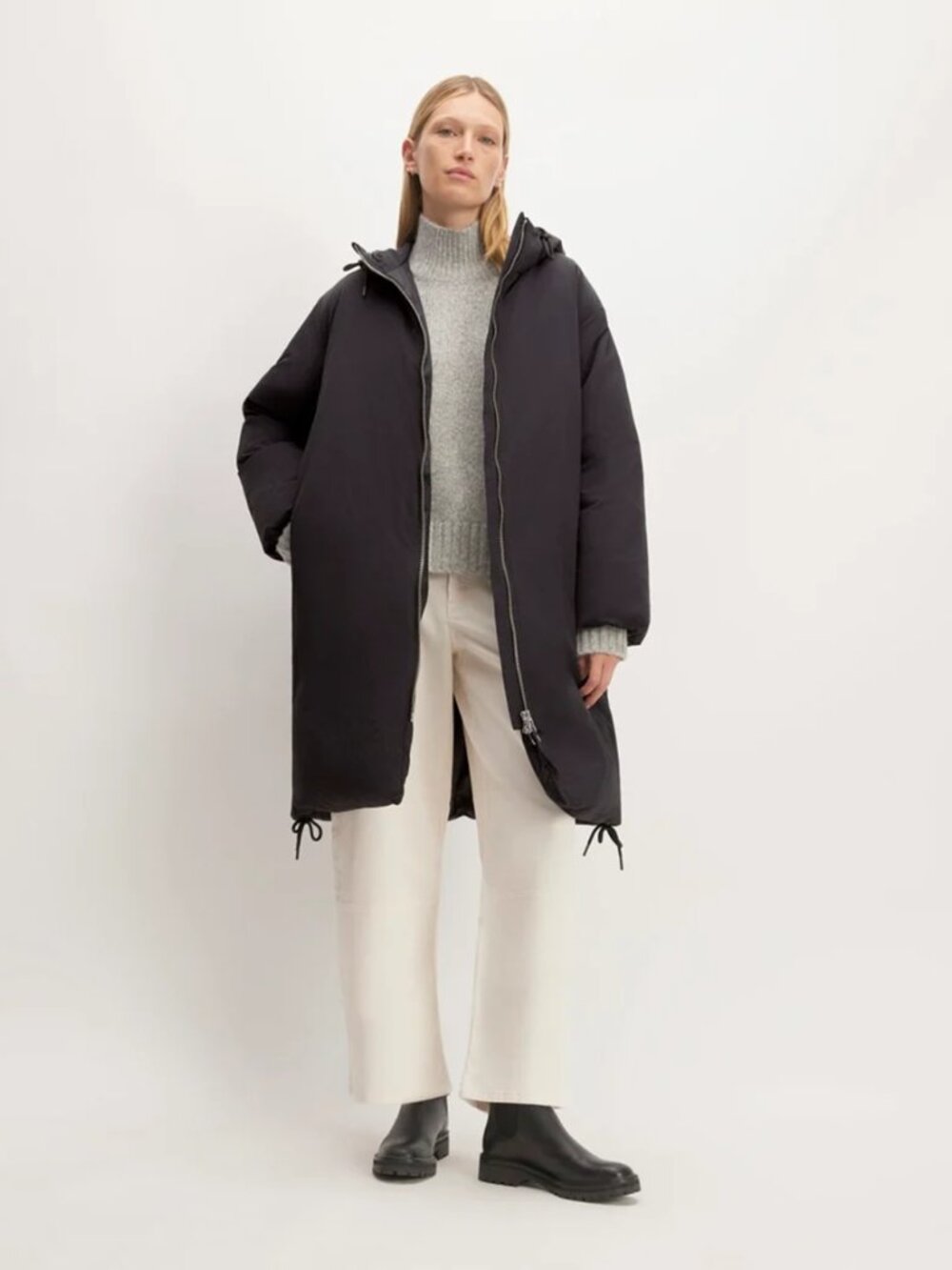 NWT EVERLANE Repurposed The Lowdown on Re-Down Black Hooded Coat Puffer Jacket L